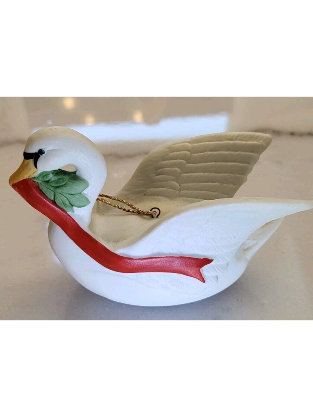 Vtg White Swan Bird W Ribbon Porcelain Christmas Ornament 4" A80